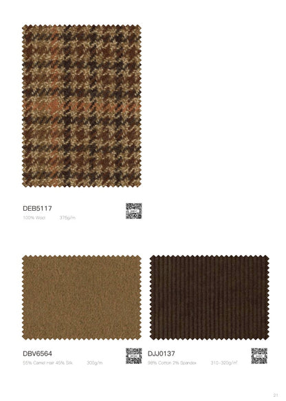 Three fabric swatch samples on a white page: a brown and beige plaid wool sample labeled DEB5117, a solid medium brown fabric sample labeled DBV6564, and a dark brown ribbed fabric sample labeled DJJ0137, each with a small QR code and text below.