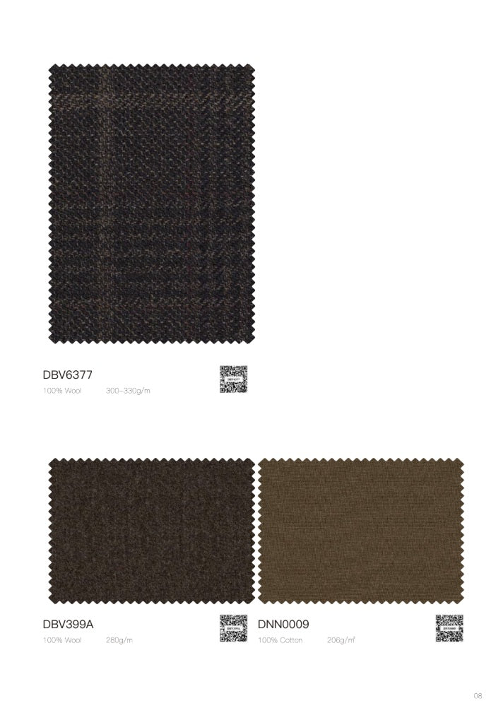 Three fabric swatches with serrated edges on a white background, labeled DBV399A, DNN0009, and DBV6377, showing dark brown and black textured material options.
