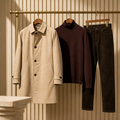 Three garments hanging on a brass rack against a beige slatted wall: a light beige trench coat, a dark burgundy turtleneck sweater, and dark brown pants.