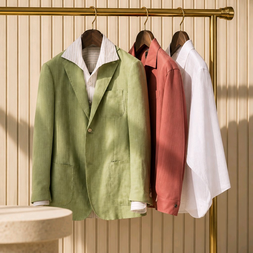 Three linen-blend jackets hanging on a gold clothing rack against a beige slatted wall. The jacket in the foreground is sage green, with pink and white jackets behind it.