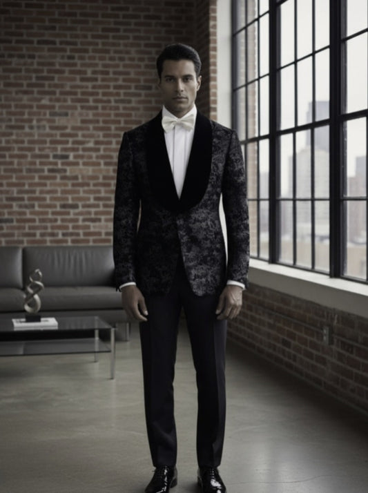 Tuxedo Black and Patterned Brocade Jacket