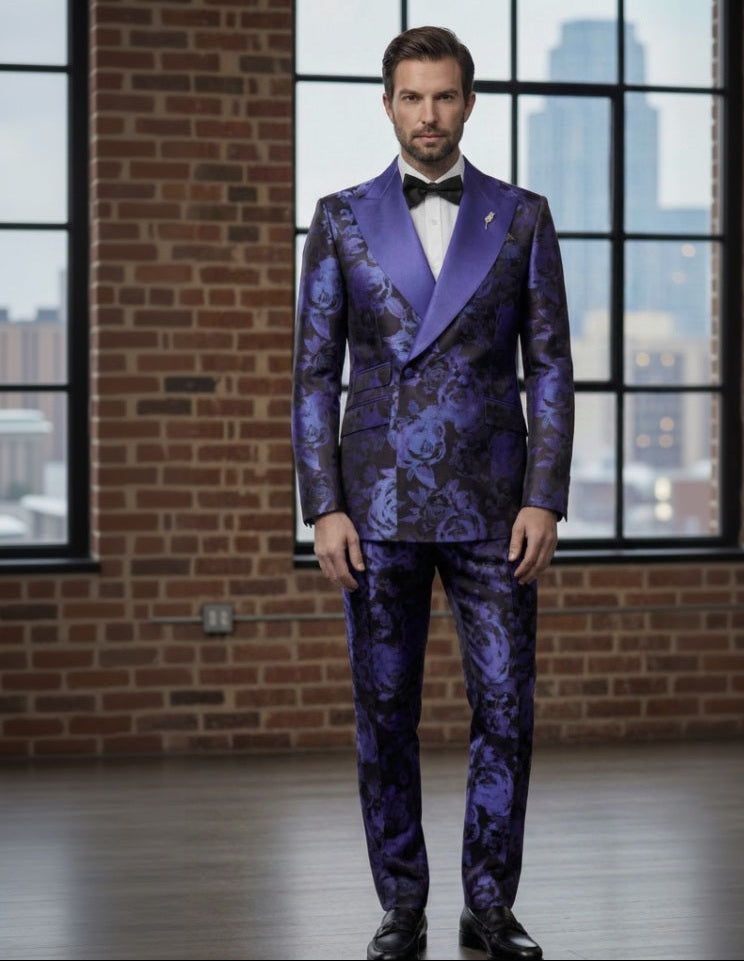 Tuxedo Blue and Navy Patterned Brocade Jacket  / Style Number J39144/200