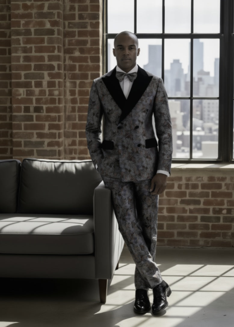 Tuxedo Sage Green/ Orange/ Teal / Grey Patterned Brocade