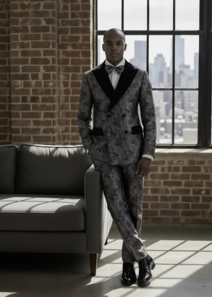 Tuxedo Sage Green/ Orange/ Teal / Grey Patterned Brocade