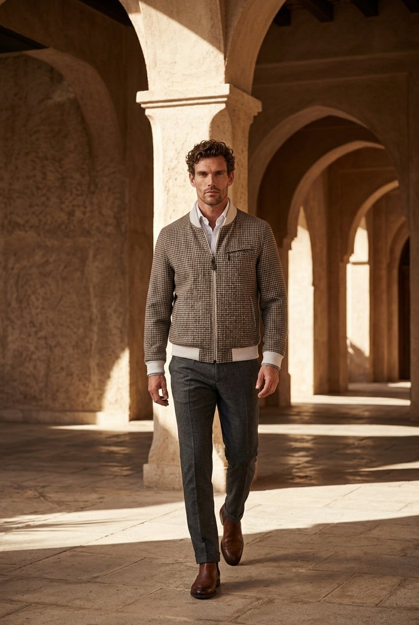 A man walking through a sunlit stone arcade wearing a textured gray zip-up cardigan over a white collared shirt, paired with dark gray trousers and brown leather shoes.