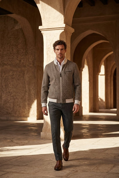 A man walking through a sunlit stone arcade wearing a textured gray zip-up cardigan over a white collared shirt, paired with dark gray trousers and brown leather shoes.