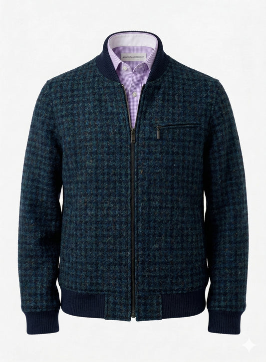 Tweed Bomber Jacket Blue & green geometric pattern