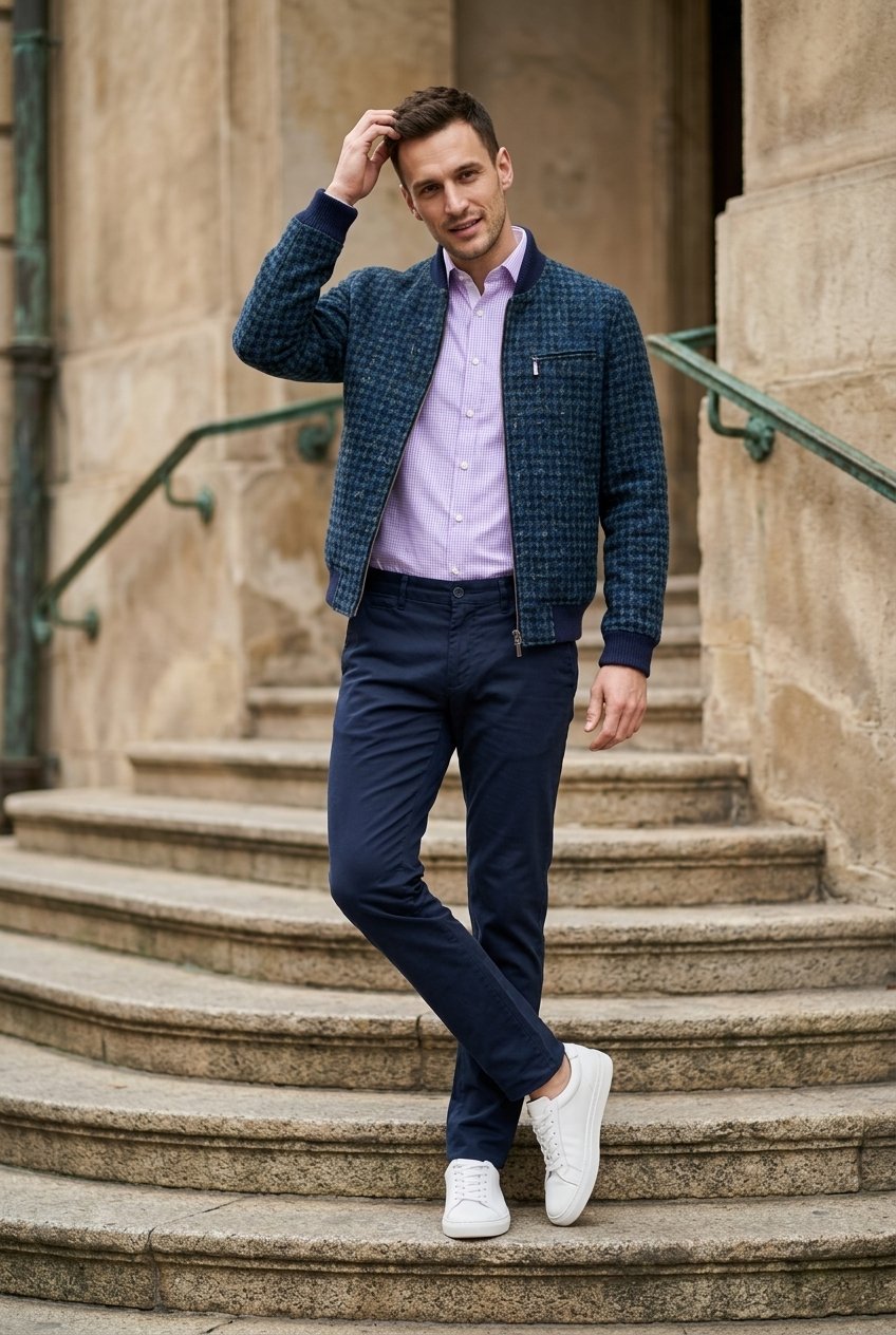 Tweed Bomber Jacket Blue & green geometric pattern £699