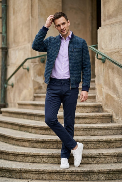 Tweed Bomber Jacket Blue & green geometric pattern £699