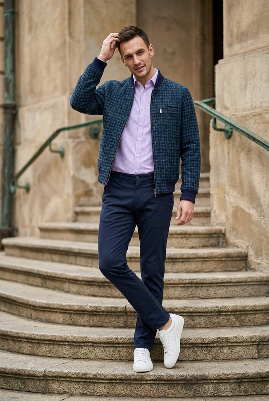 Tweed Bomber Jacket Blue & green geometric pattern £699