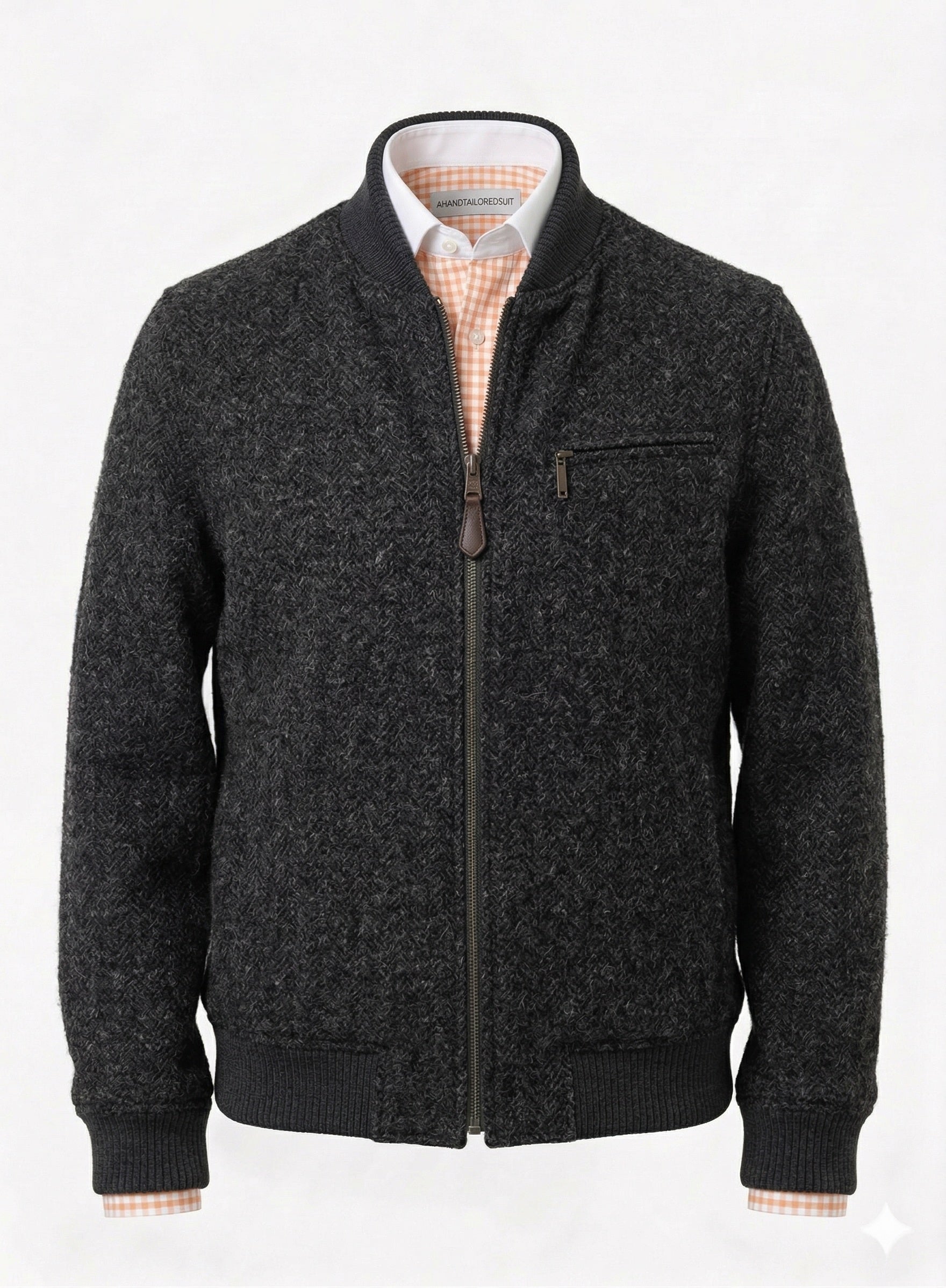 Tweed Bomber Jacket Dark grey herringbone.