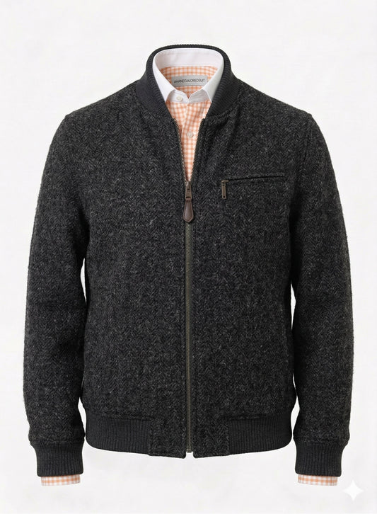 Tweed Bomber Jacket Dark grey herringbone.