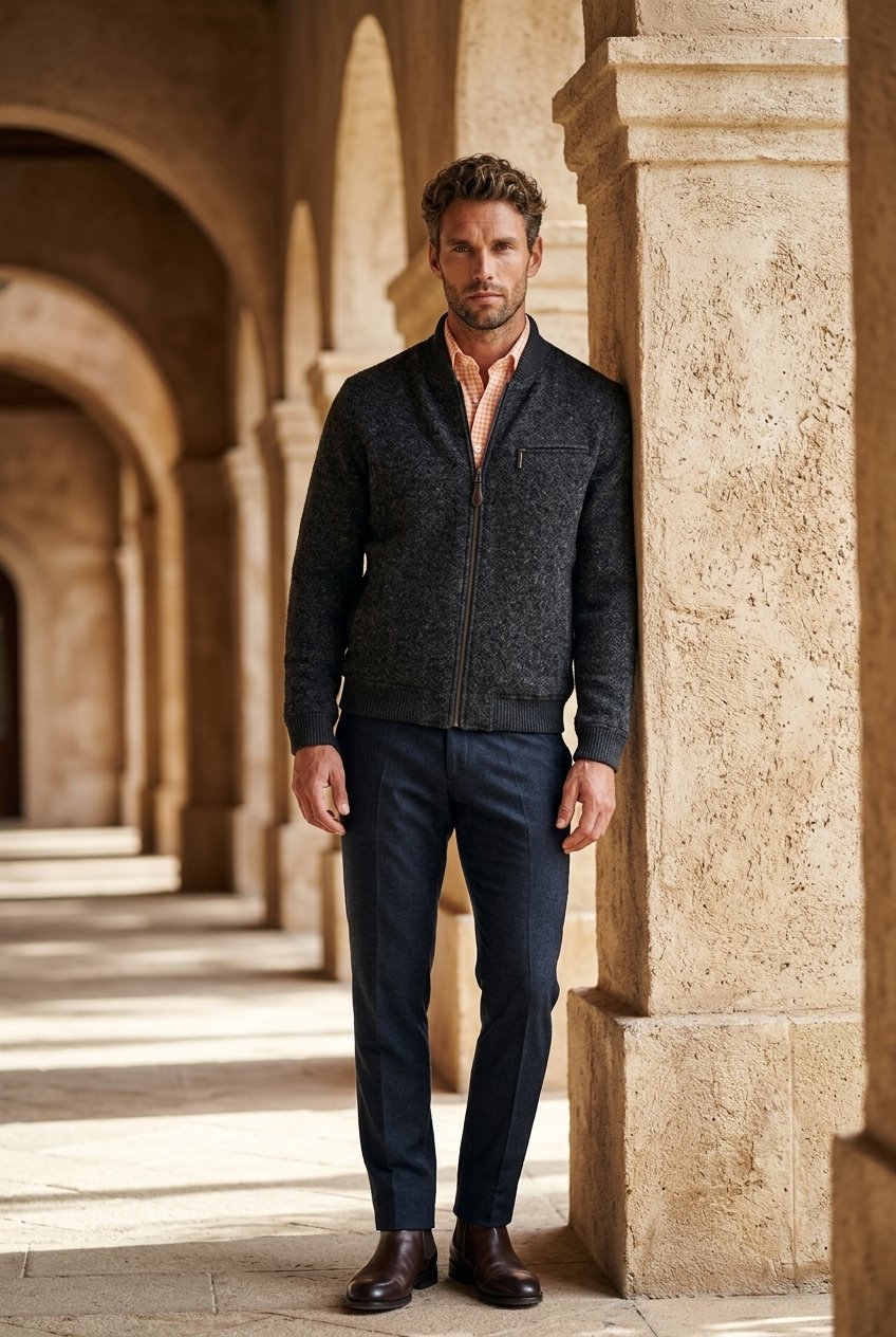 A man stands in a stone colonnade wearing a dark charcoal zip-front knit jacket over a peach shirt, dark navy trousers, and brown leather shoes.