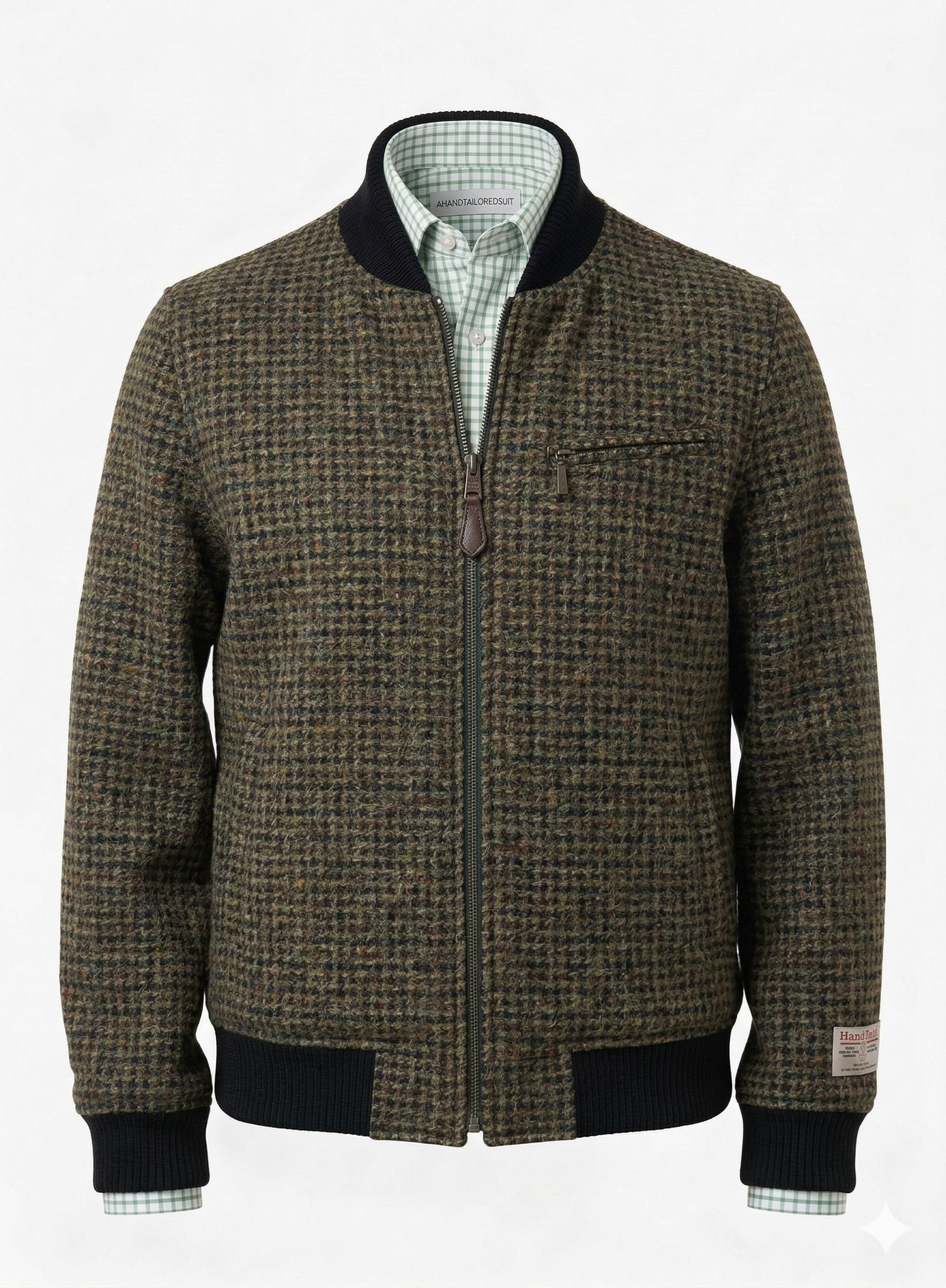Tweed Bomber Jacket Green geometric pattern