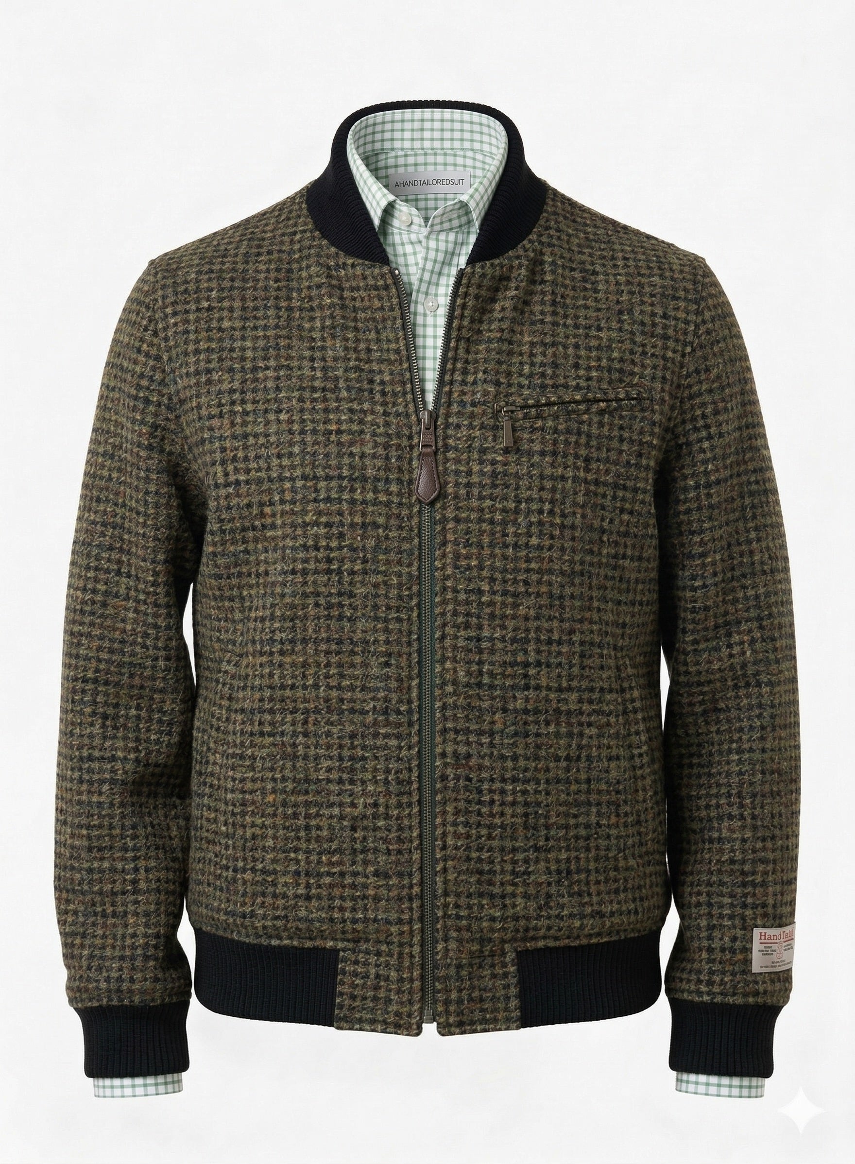 Tweed Bomber Jacket Green geometric pattern