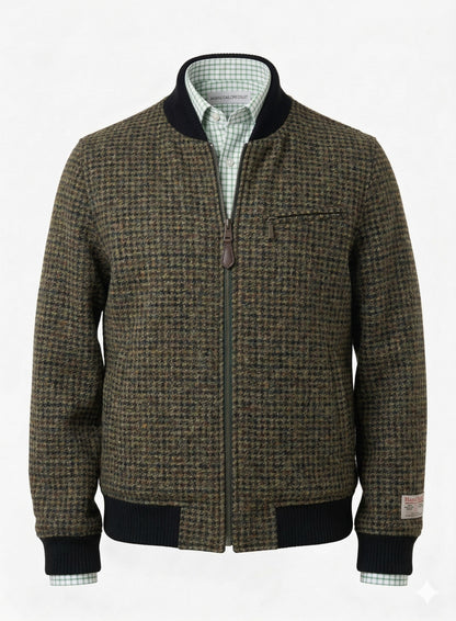 Tweed Bomber Jacket Green geometric pattern