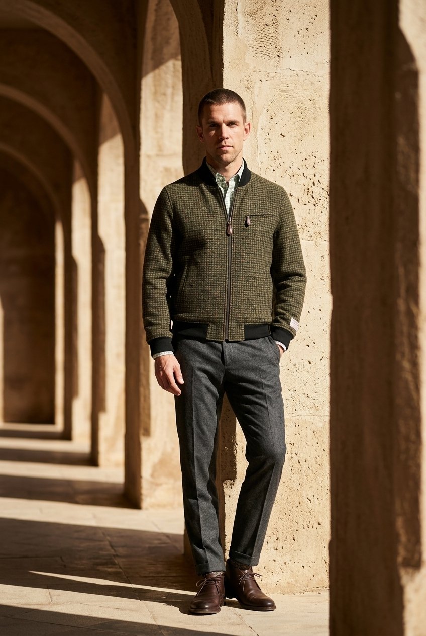 Tweed Bomber Jacket Green geometric pattern £699