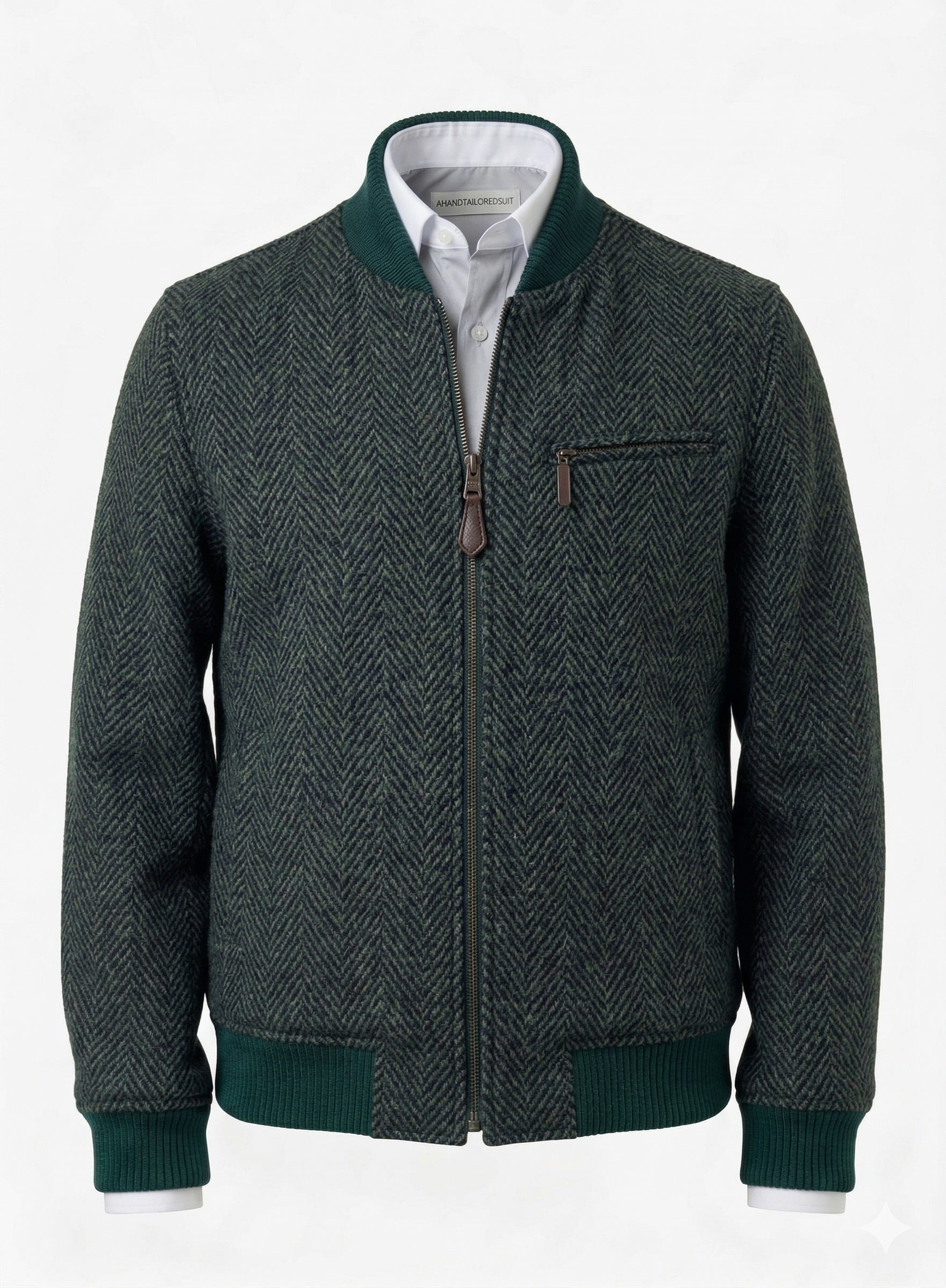 Tweed Bomber Jacket Green & navy wide herringbone.