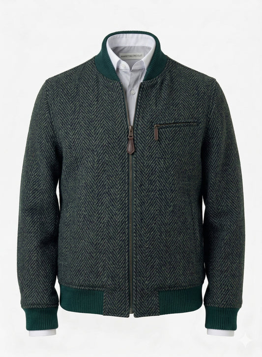 Tweed Bomber Jacket Green & navy wide herringbone.