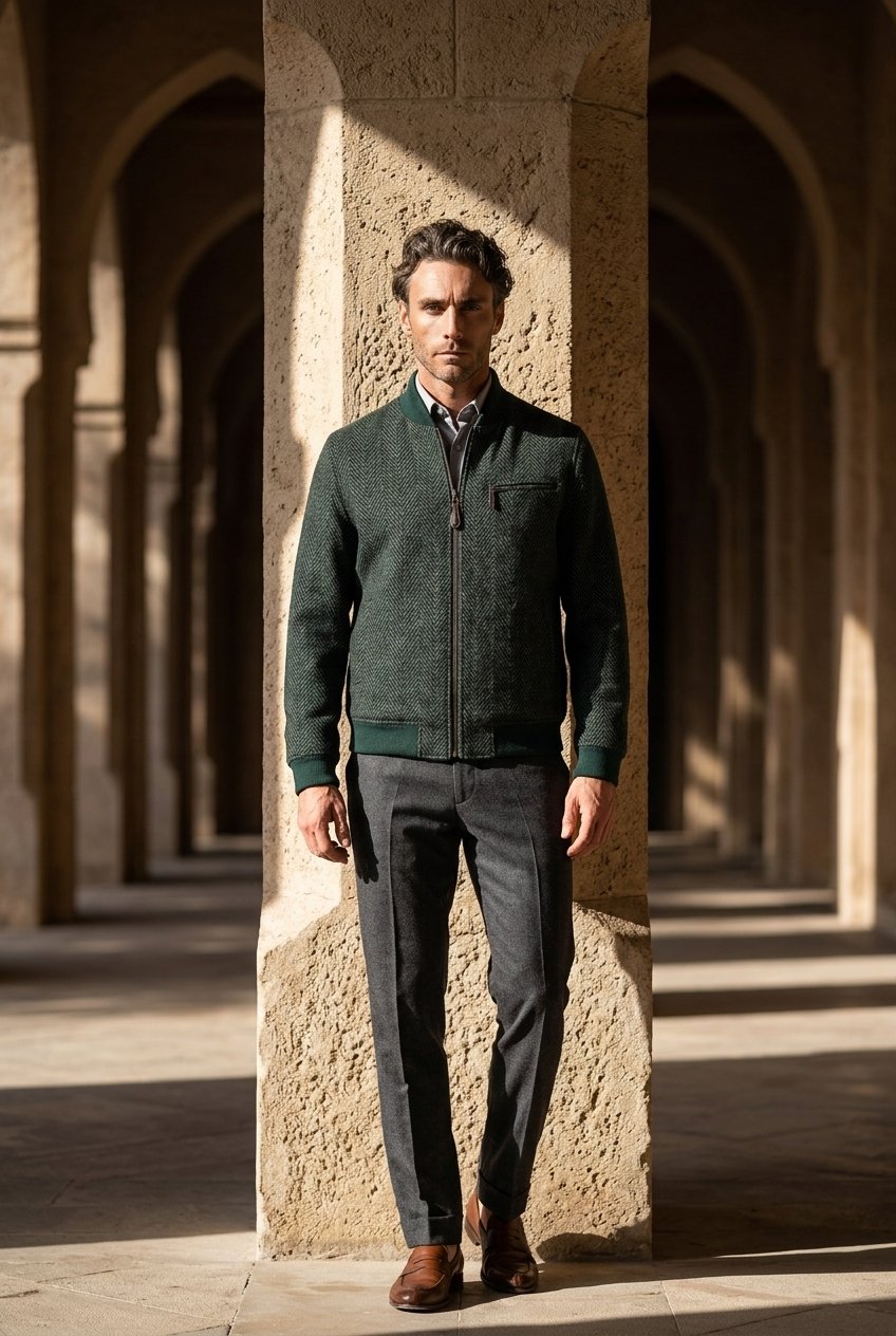 Tweed Bomber Jacket Green & navy wide herringbone. £699