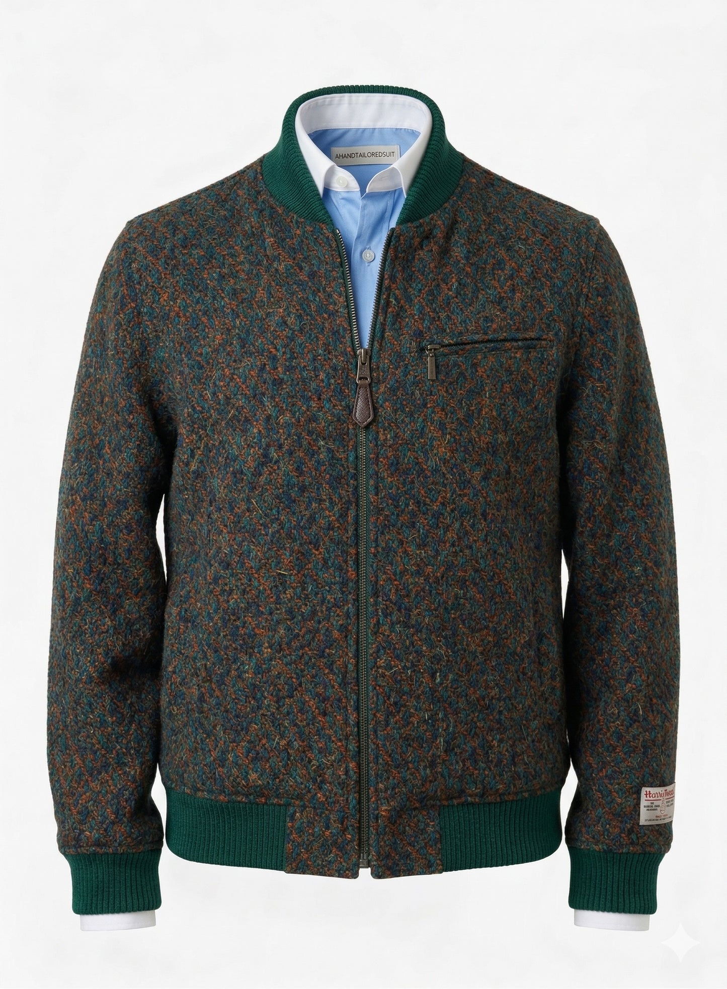 Tweed Bomber Jacket Orange & teal geometric diamond pattern