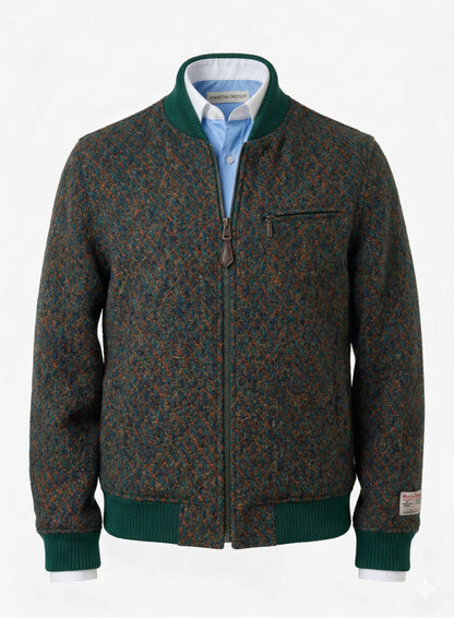 Tweed Bomber Jacket Orange & teal geometric diamond pattern