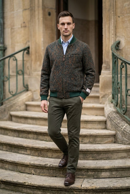 Tweed Bomber Jacket Orange & teal geometric diamond pattern £699