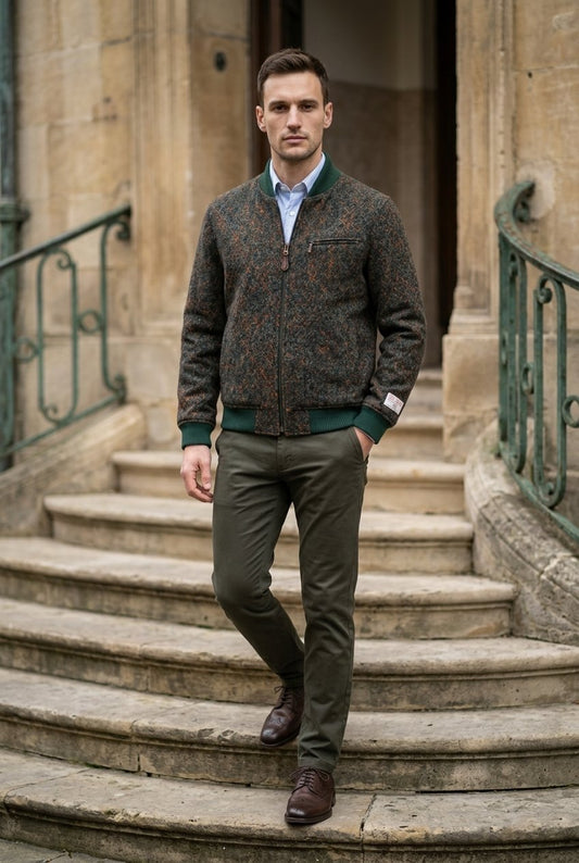 Tweed Bomber Jacket Orange & teal geometric diamond pattern £699