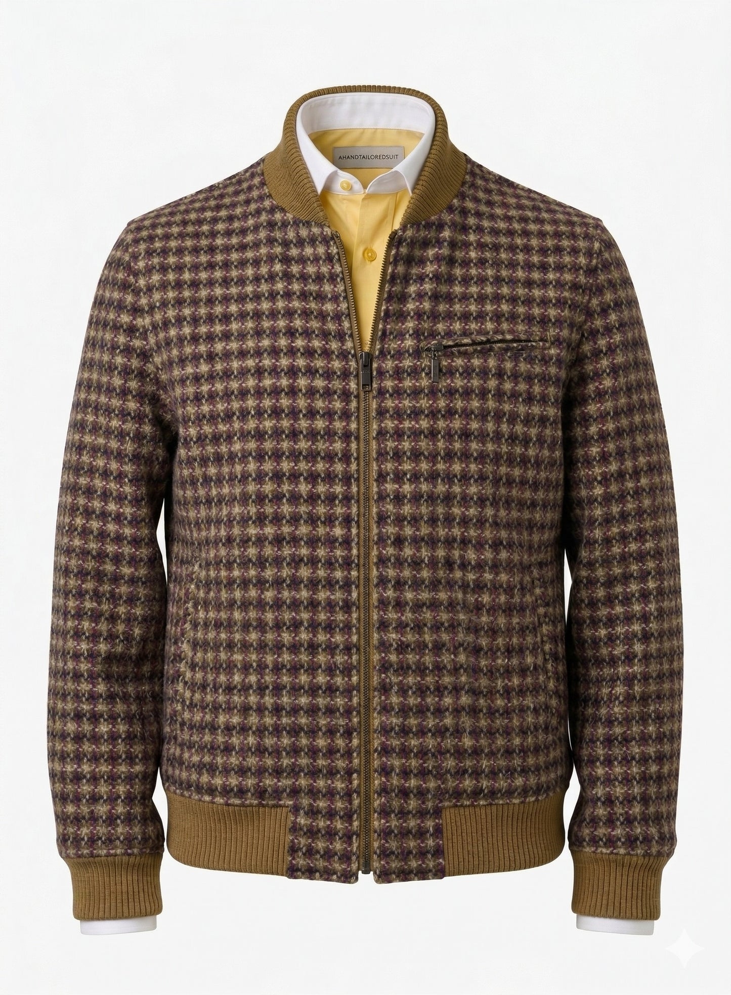 Tweed Bomber Jacket mustard yellow, purple & brown geometric pattern