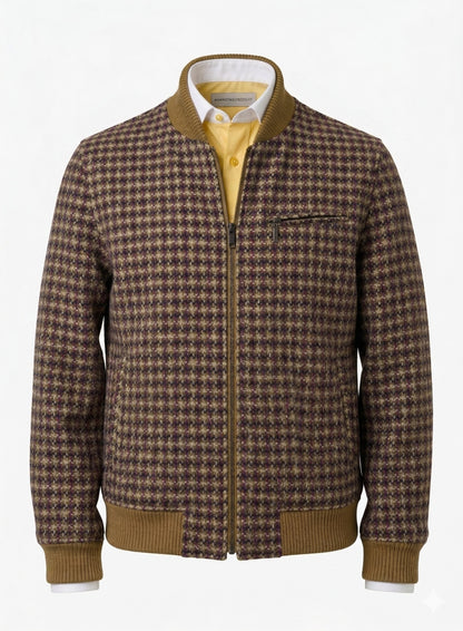 Tweed Bomber Jacket mustard yellow, purple & brown geometric pattern