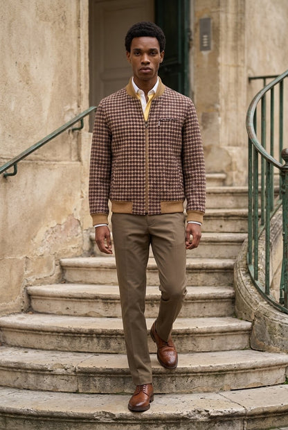 Tweed Bomber Jacket mustard yellow, purple & brown geometric pattern £699