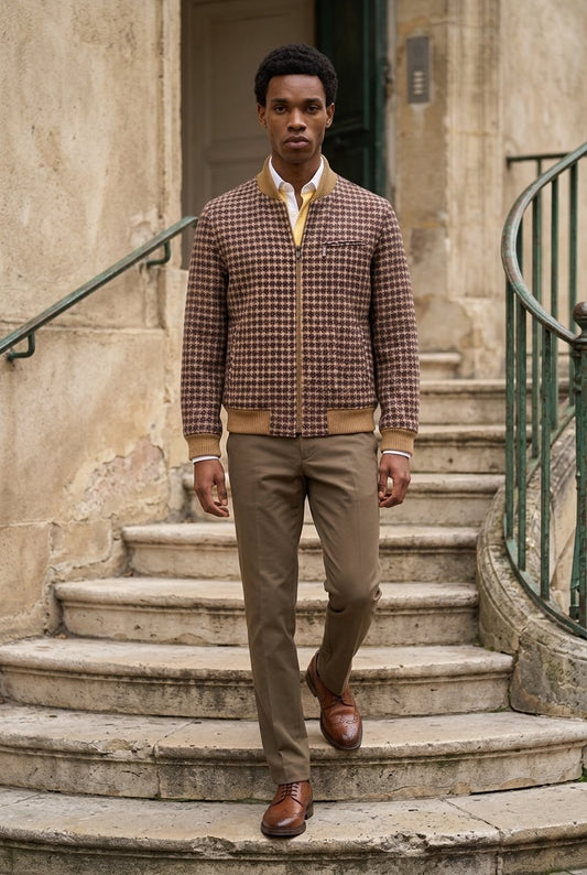 Tweed Bomber Jacket mustard yellow, purple & brown geometric pattern £699