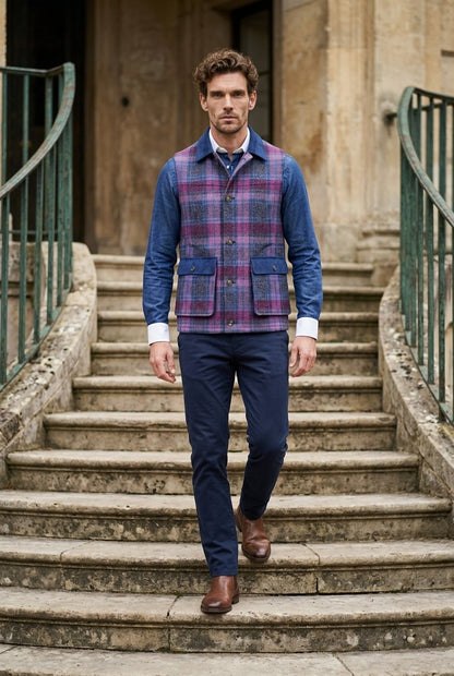 Tweed Lilac, pink and blue tartan check Gilet £550