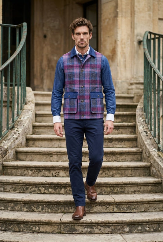 Tweed Lilac, pink and blue tartan check Gilet £550