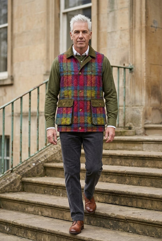 Tweed blue, pink & green tartan Gilet £550