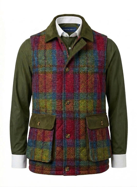 Tweed blue, pink & green tartan Gilet
