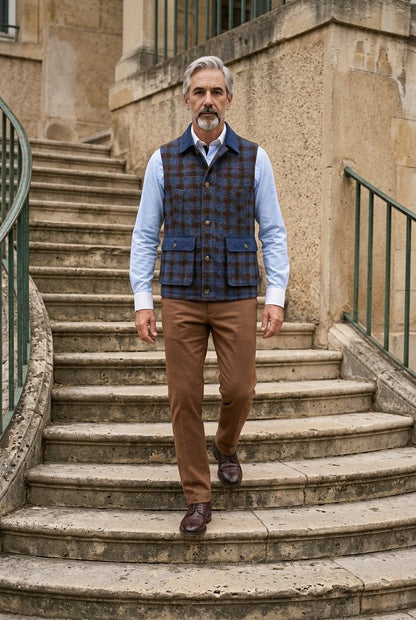 Tweed blue with rusty orange & brown overcheck Gilet £550