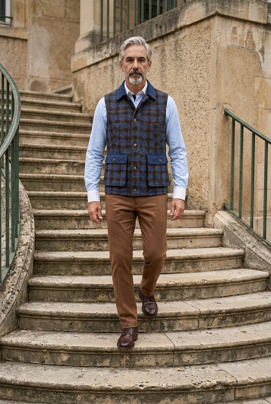 Tweed blue with rusty orange & brown overcheck Gilet £550