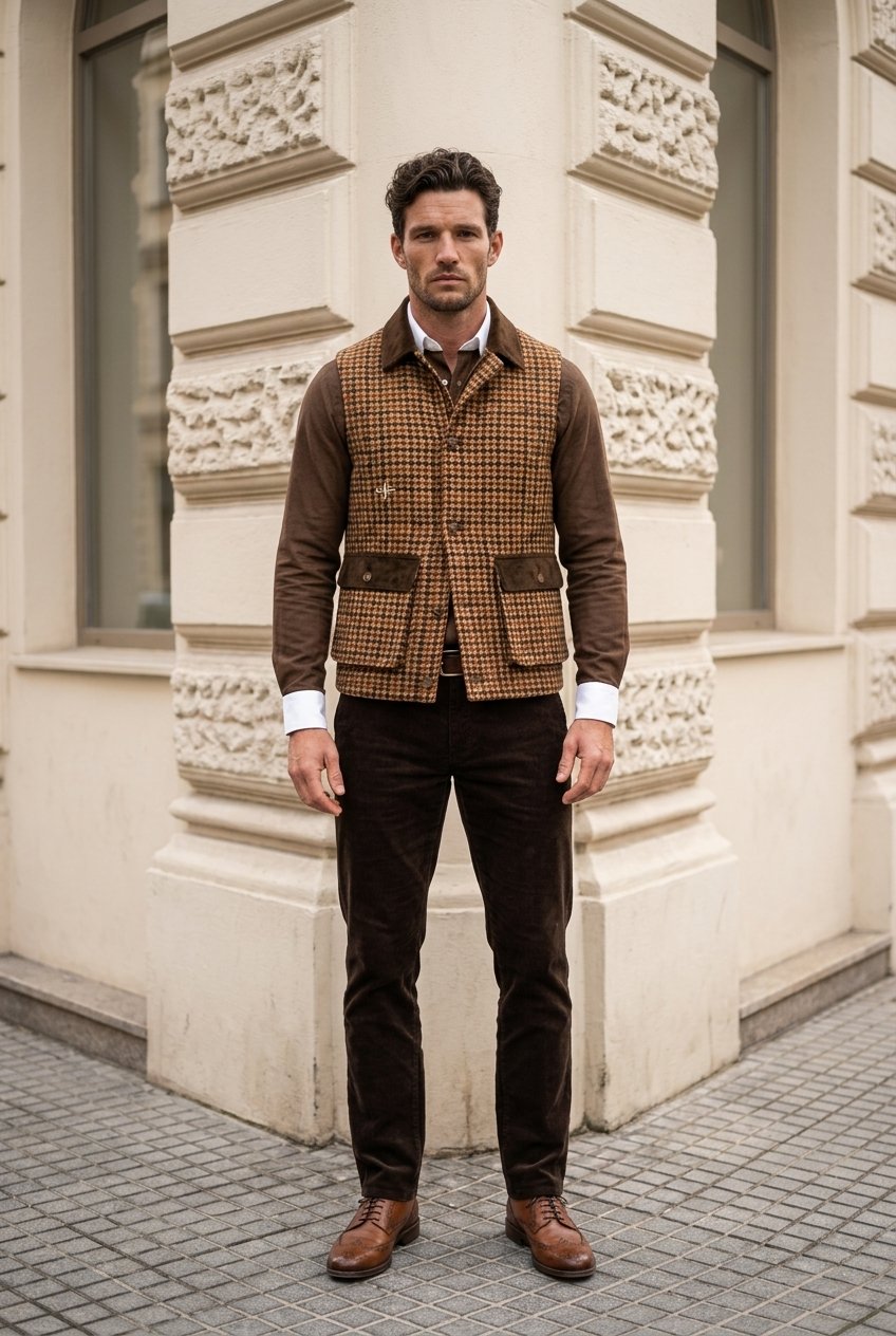 Tweed brown & beige dogtooth Gilet £550