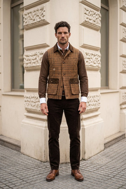 Tweed brown & beige dogtooth Gilet £550