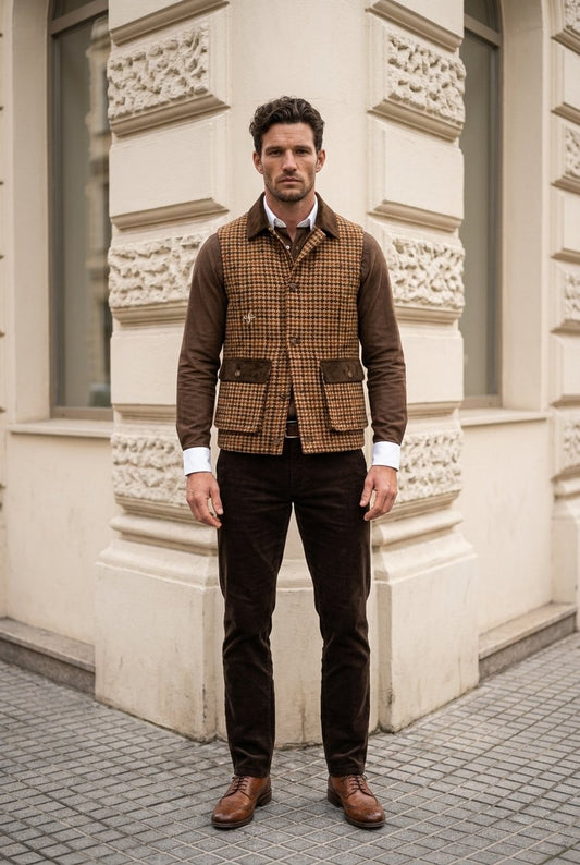 Tweed brown & beige dogtooth Gilet £550