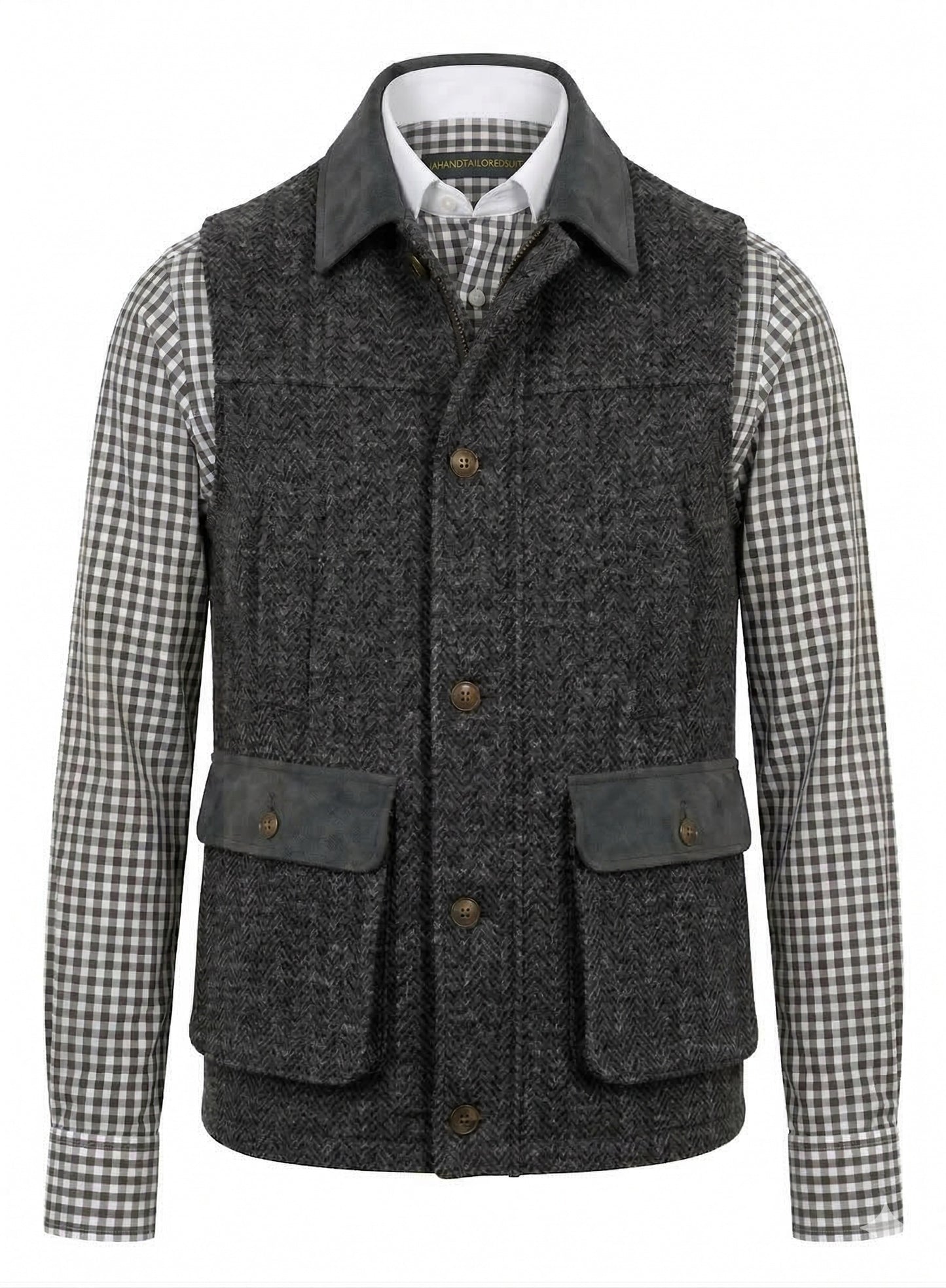 Tweed dark grey & black herringbone. Gilet
