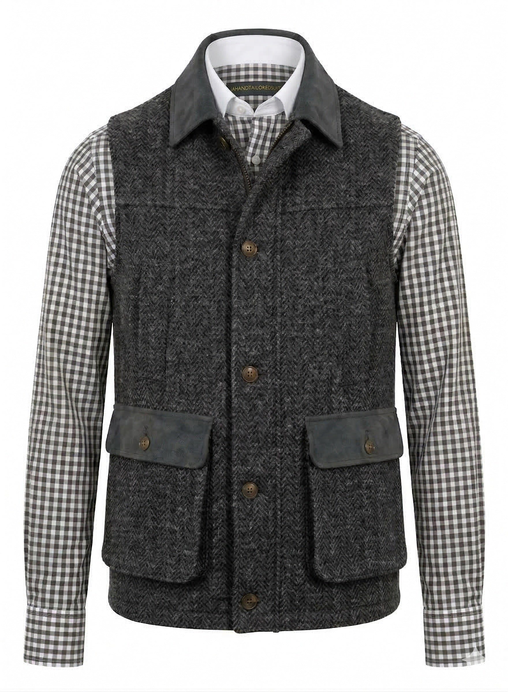 Tweed dark grey & black herringbone. Gilet