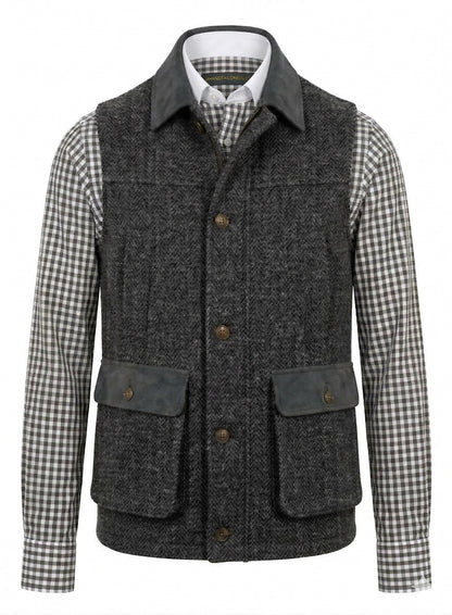 Tweed dark grey & black herringbone. Gilet