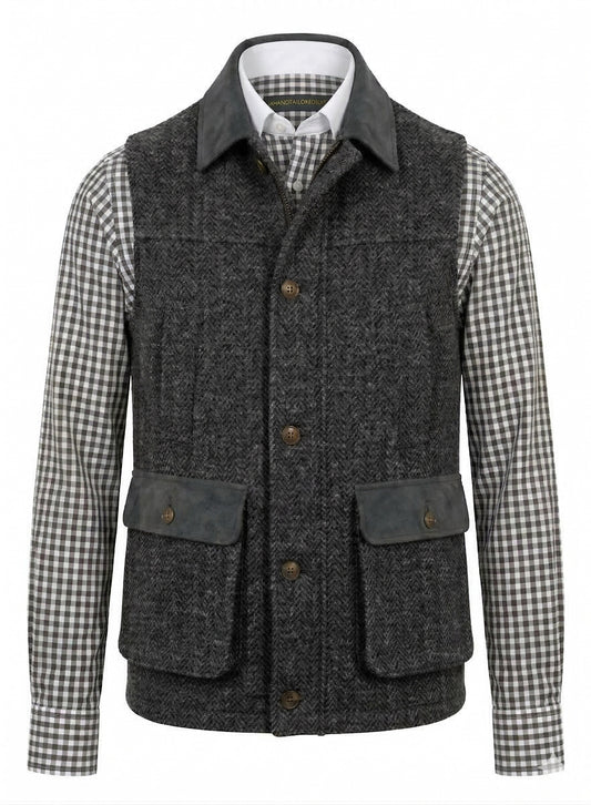 Tweed dark grey & black herringbone. Gilet