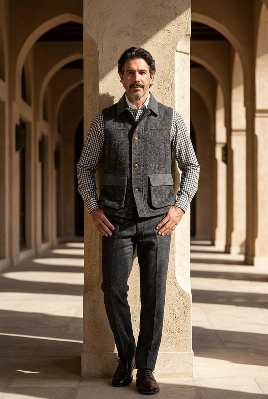 Tweed dark grey & black herringbone. Gilet £550