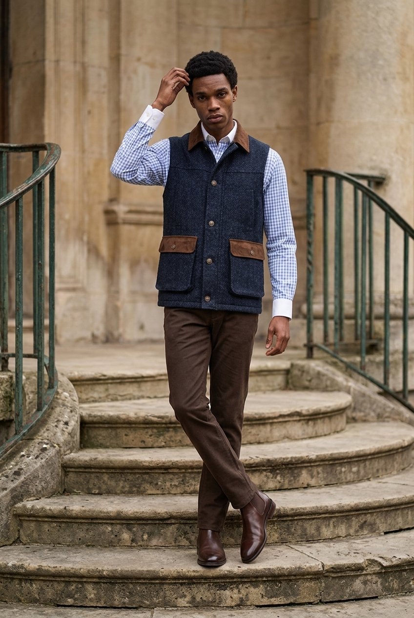 Tweed dark navy herringbone Gilet £550