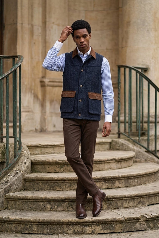 Tweed dark navy herringbone Gilet £550