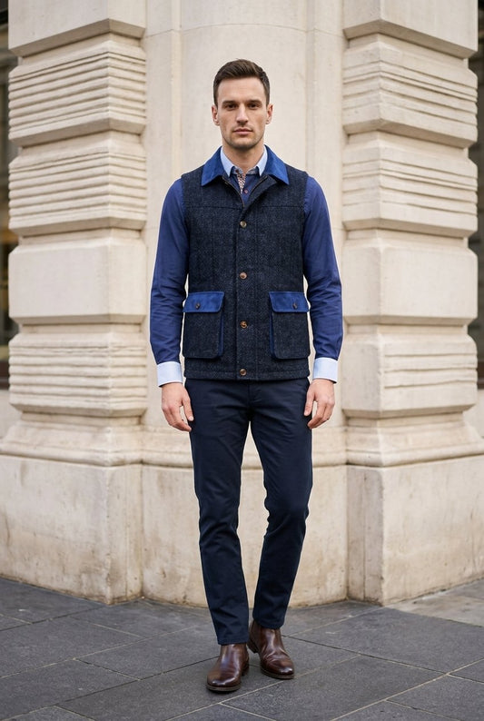 Tweed dark navy herringbone Gilet £550