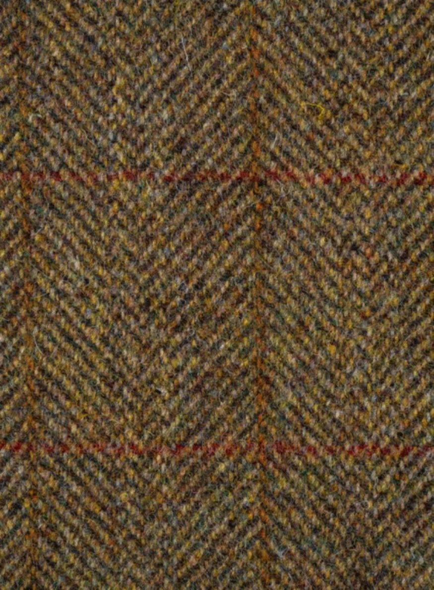 Tweed fabric in a mustard yellow & brown herringbone with an orange and red overcheck Gilet 